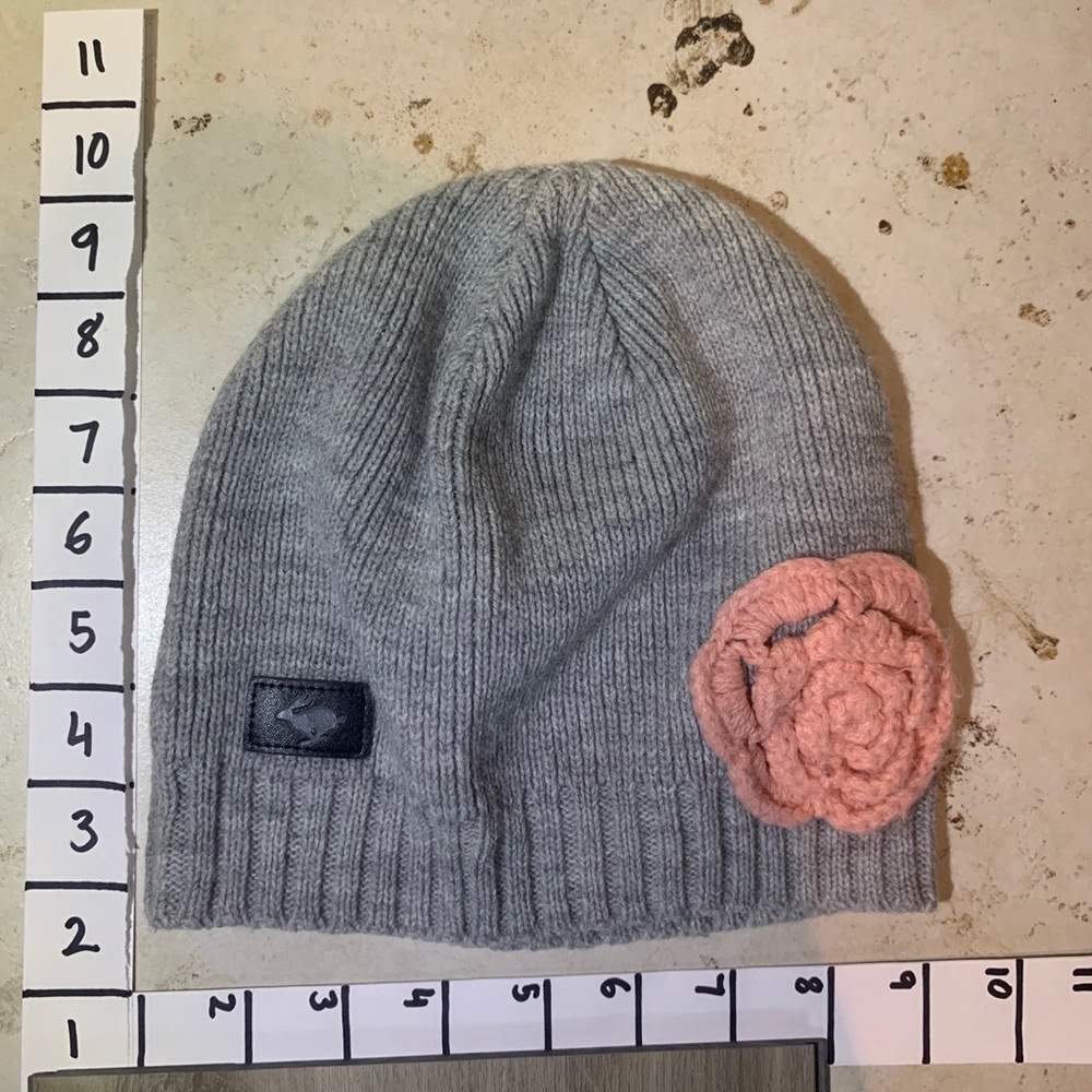 Gray Beanie with Pink Flower